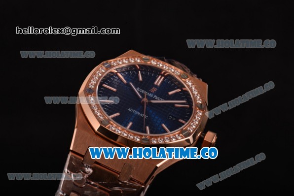 Audemars Piguet Royal Oak 41 Miyota 9015 Automatic Full Rose Gold with Blue Dial and Diamonds Bezel (EF) - Click Image to Close